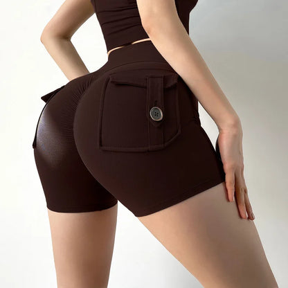 Summer Peach Butt Fitness Exercise Three-Quarter Pants Cargo Air Dry Pocket Yoga Tight Hip Lift Women's Shorts
