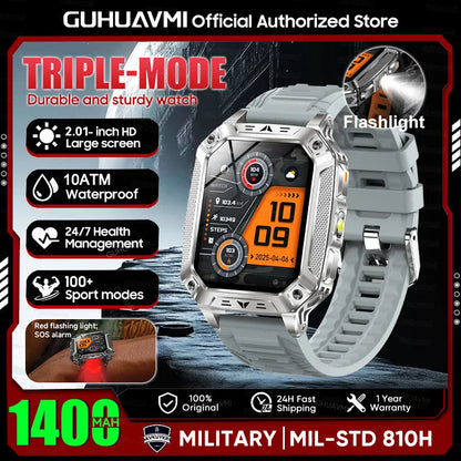 2026 New Military 1400mAh Battery Smart Watch LED Flashlight 10ATM Waterproof Heart Rate Voice Call Men 120+Sports Smart watchs