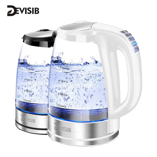 2Liter, Electric Glass Kettle, 2200W Fast Boil Temp Control Keep Warm 4H Auto Shut-Off Boil-Dry Protection for Coffee & Tea, DEVISIB