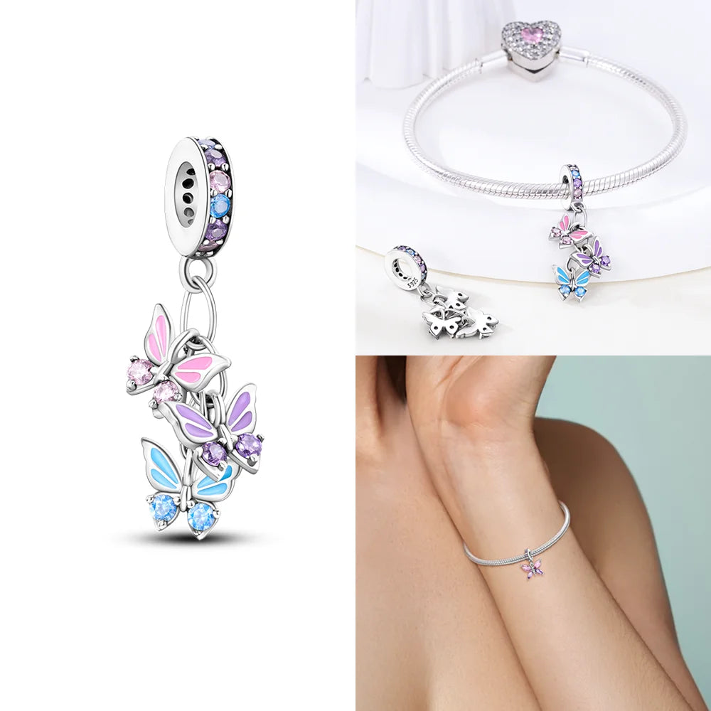 Charms 925 Silver Blue Original Stars Heart Zircon Chameleon Panda Glass Beads Fit Bracelet Jewelry Women Diy Accessories