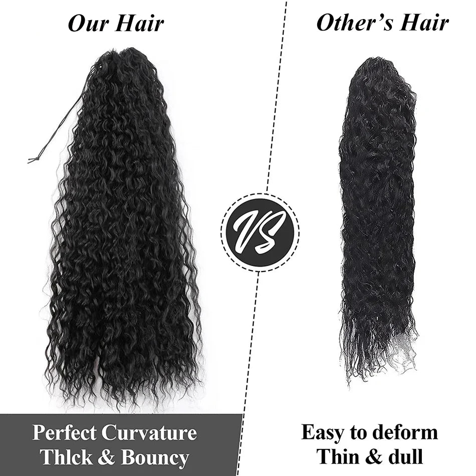 Deep Wave Drawstring Ponytail, Human Hair Ponytails, #1B Natural Black Curly Clip In Hair Extensions For Daily Cosplay, 1 Piece