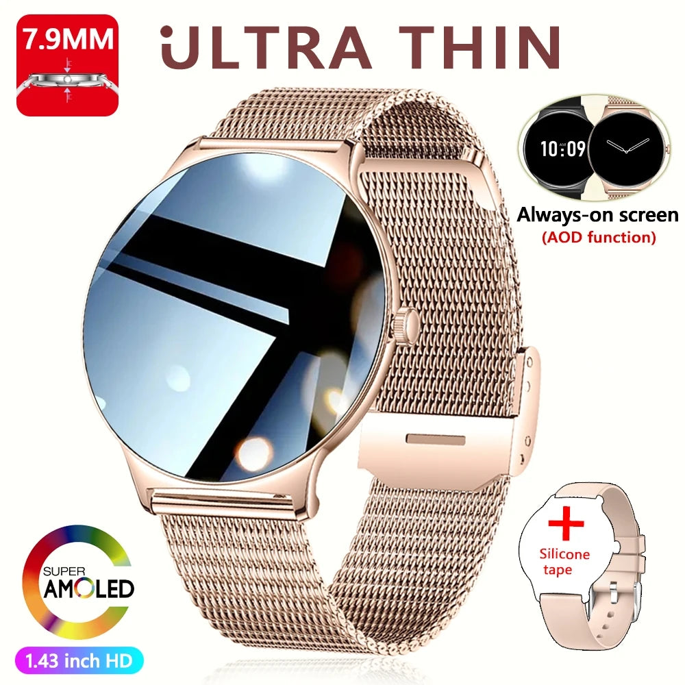 Ultra-Thin Fashion Women's Smart Watch 1.43 inch AMOLED HD Screen Sports Bracelet Clock Always Show Time Bluetooth Call Smartwatch