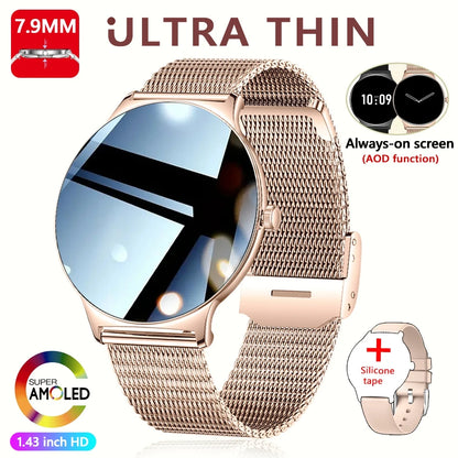 Ultra-Thin Fashion Women's Smart Watch 1.43 inch AMOLED HD Screen Sports Bracelet Clock Always Show Time Bluetooth Call Smartwatch