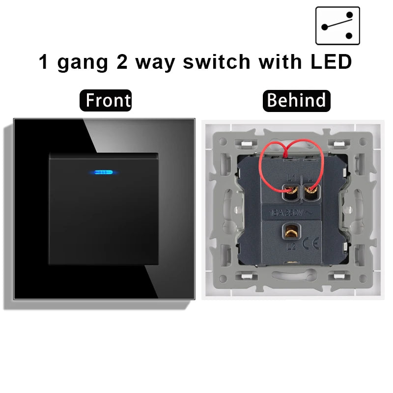 novski Crystal Tempered Glass Panel 1 Gang 1way, 1 Gang 2way, 2 Gang 1way, 2 Gang 2way, Wall Switch with LED Indicator 16A 250V