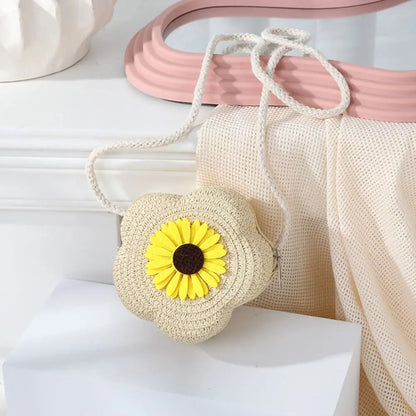 Bolso bandolera de paja duradero, monedero tejido con flores, bolso de mano para niñas, bolso de hombro tipo mensajero para niños, mini bolso de princesa lindo de verano