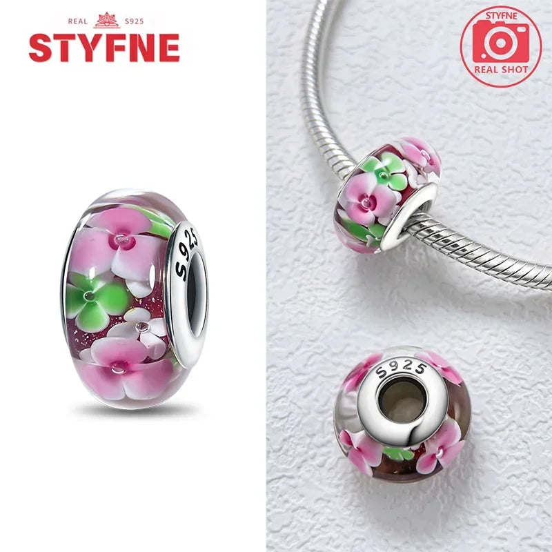 925 Sterling Silver Pink Color Series Beads Heart Flower Murano Glass DIY Jewelry Charms Fit Original Bracelet for Women Fine Gifts