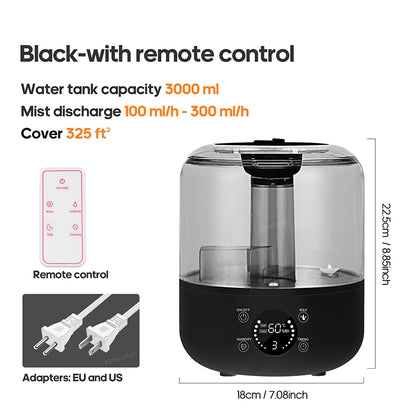 3Liter Air Humidifier Professional Large Capacity Home Humidifier, Plant Mist Aroma Diffuser with Remote Control Timer, KINSCOTER