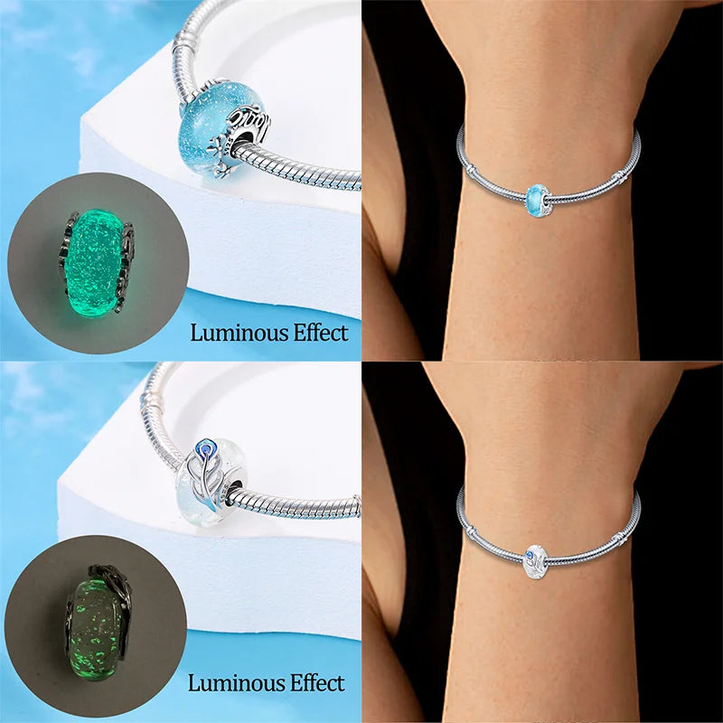 Charm Sterling Silver 925 Colorful Luminous Beads Murano Glass Series Fit Original Bracelet for Women Jewelry DIY Fine Gift