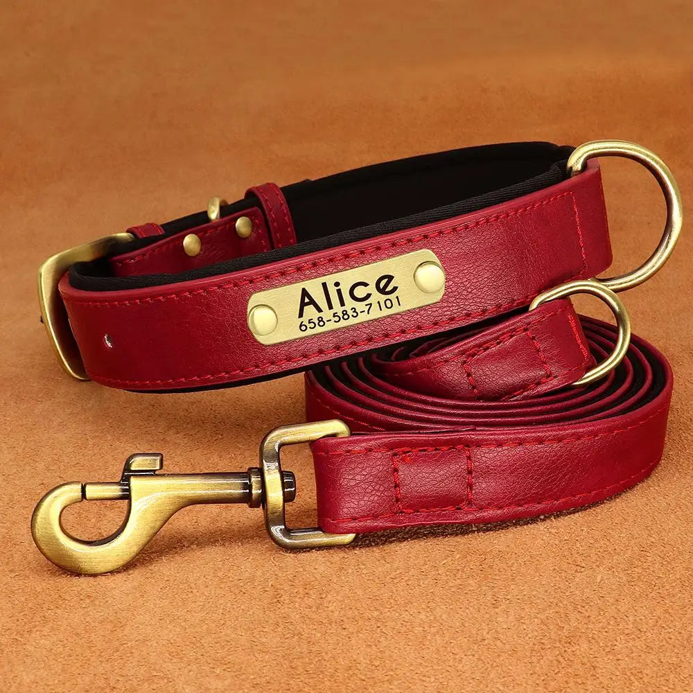 Customized Leather Dog Collar Leash Set, Soft Padded Leather Collar For Small Medium Large Dogs With Free Engraved Nameplate