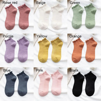 Cotton Women's Socks Frilly Ruffle Socks Spring Summer Casual Ankle Short Boat Socks Loose Knit Solid Color Mid-Calf Socks
