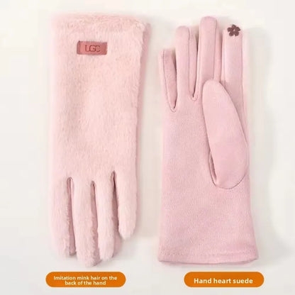 Korean Elegant Suede Gloves for Women Faux Mink Fur Warm and Skin Friendly Touch Screen Gloves Sweet and Soft Commuting Gloves