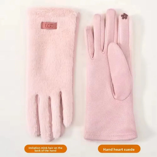 Korean Elegant Suede Gloves for Women Faux Mink Fur Warm and Skin-Friendly Touch Screen Gloves Sweet and Soft Commuting Gloves