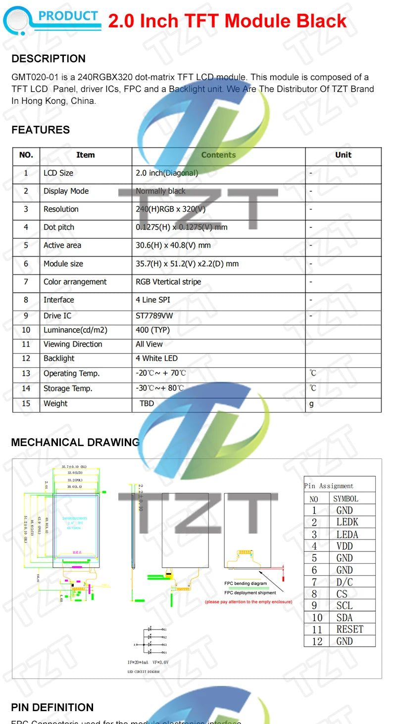 TZT 1.77/2.0/2.4/2.8 Inch TFT Color Screen LCD Display Module Drive ST7735 ST7789 Interface SPI 128*128 240*320