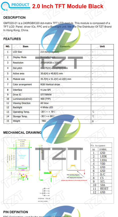 TZT 1.77/2.0/2.4/2.8 Inch TFT Color Screen LCD Display Module Drive ST7735 ST7789 Interface SPI 128*128 240*320