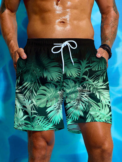 Men's Hawaiian 3D Gradient Palm Tree Pattern Beach Shorts, Quick Dry Outdoor Leisure Sports Shorts, Fashion Men's Shorts