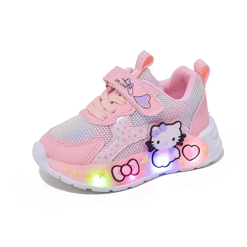 Kids' Casual Shoes Girls' LED Light Cartoon PU Leather Fashion Sports Flat-Bottomed Breathable Shoes White Pink Size 21-30