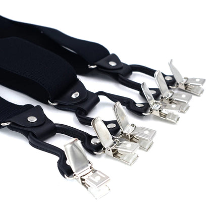 Fashion Suspenders Black leather 6 Clips Braces Vintage Casual Suspender Tirante Trousers Strap bretele Father/Husband's Gift