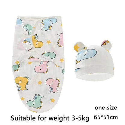 Baby Blanket Hat Set, Cartoon Printed Cotton Newborn Swaddle, Adjustable Infant Sleeping Swaddle Wraps, All Seasons, 0-6 Months