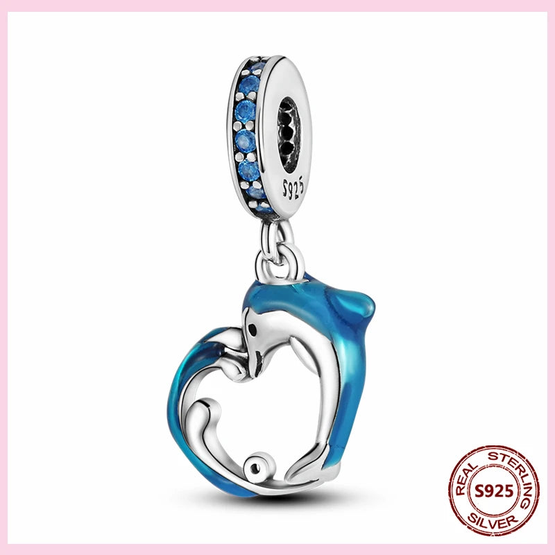 PAMELA 925 Sterling Silver Sea Turtle Starfish Blue Charm Dolphin Octopus Shell Bead For Original Charms Bracelets Ocean Jewelry