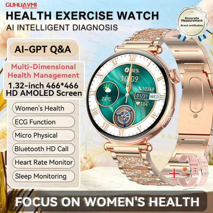 1.32''AMOLED Screen Women Smartwatch Call ECG Sport Watch Blood Pressure Micro Physical Examination DIY Dial Smart Watches Woman