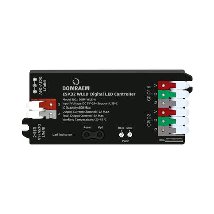 DOMRAEM ESP32 USB-C WLED Digital LED controller RGB IC DIY APP 16A fuse Works with HA/MQTT/Alex WS2811/12/12B/14/05 Sk6812 Strip