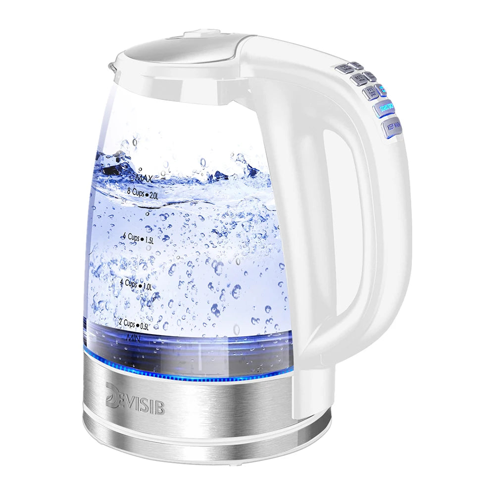 2Liter, Electric Glass Kettle, 2200W Fast Boil Temp Control Keep Warm 4H Auto Shut-Off Boil-Dry Protection for Coffee & Tea, DEVISIB