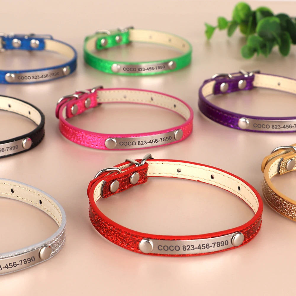 Personalized Cat Collar Bling PU Leather Cat Collars Free Custom Pet Puppy Kitten ID Necklace Adjustable for Cats Small Dogs