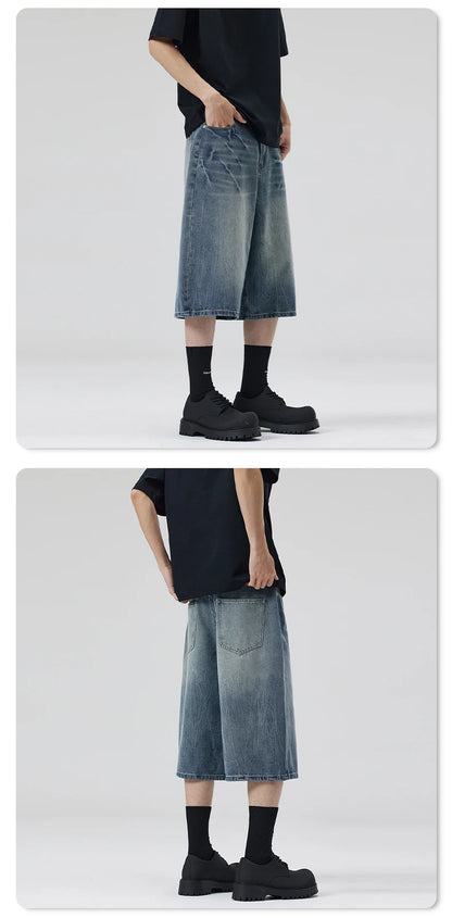 American Lightning Crack Black Grey Jeans, Men's Straight Tube Loose Wide Leg Shorts, Y2k Street Hip Hop Sevens