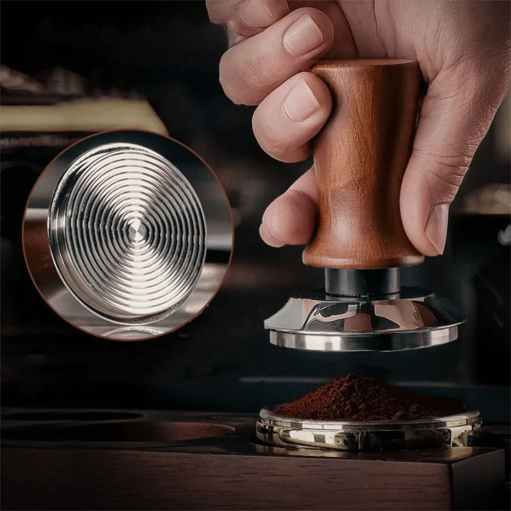 51/53/58MM Coffee Tamper Self-Rebounding Spring Design Coffee Leveler Wood Handle Flat/Threaded Bottom Coffee Powder Press