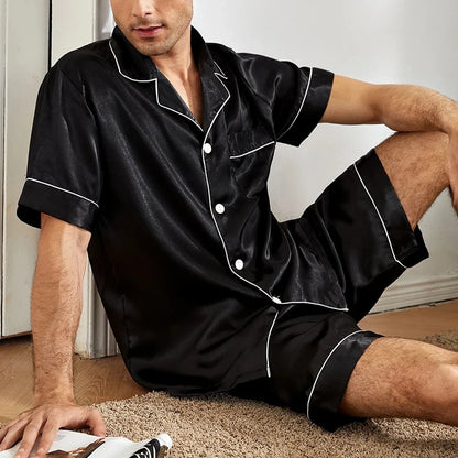 Men Satin Short Sleeve Pajama Set, Summer Sleepwear for Man, Button-Down Shirt & Elastic Waist Shorts, Pajamas Home Clothes, 2Piece