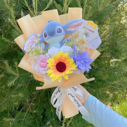 Auténticas muñecas de peluche Amine Stitch con girasoles, rosas, ramos creativos, regalos para Navidad, cumpleaños, graduación y San Valentín