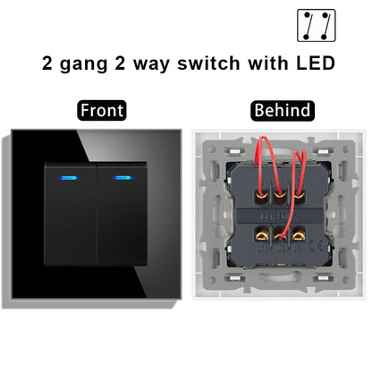 novski Crystal Tempered Glass Panel 1 Gang 1way, 1 Gang 2way, 2 Gang 1way, 2 Gang 2way, Wall Switch with LED Indicator 16A 250V