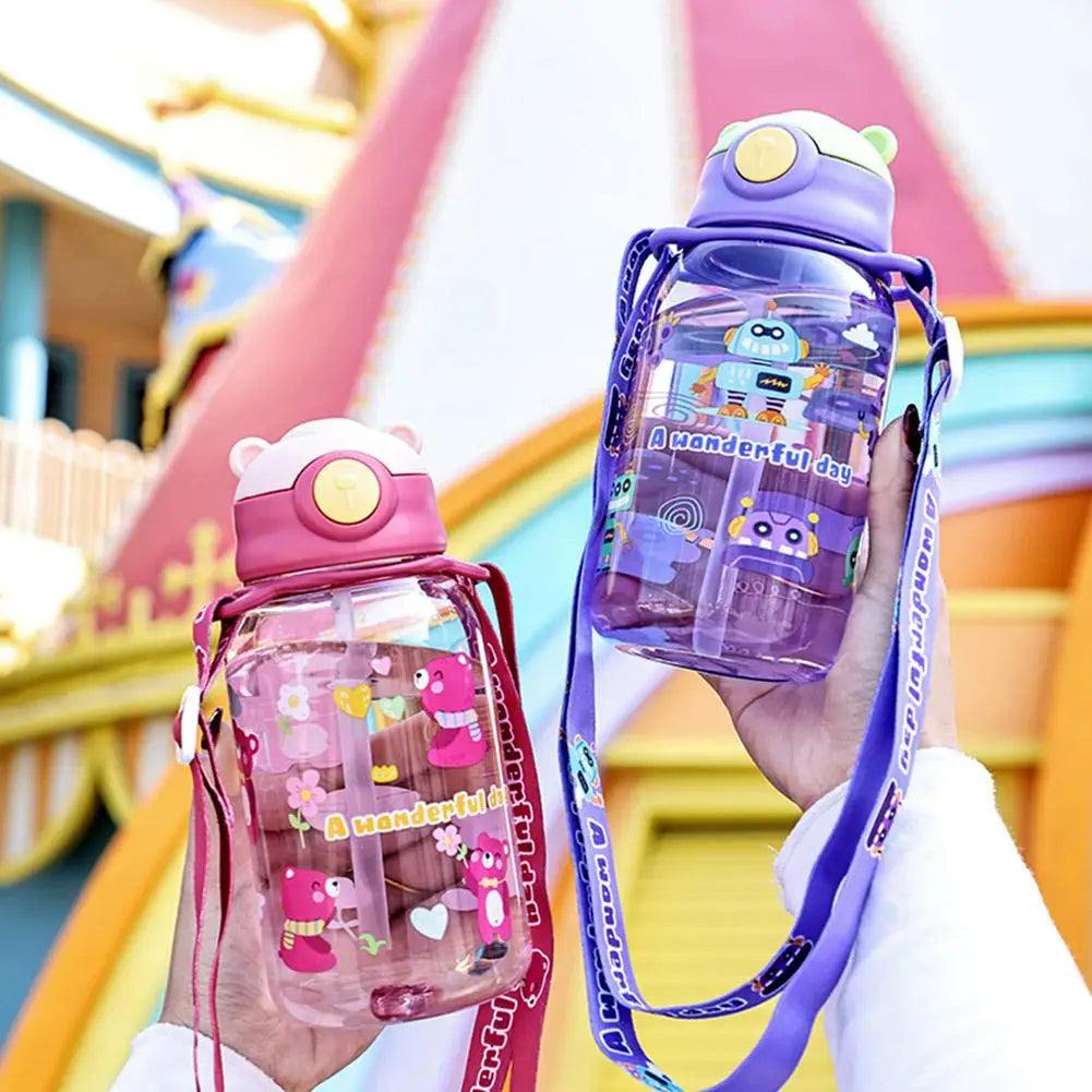 650ml Cute Kids Water Bottle with Straw, BPA-Free, Leakproof Outdoor Portable Children's Cups, School Water Bottle for Children