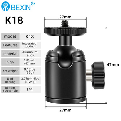 Mini Cold Shoe Ball Head, Dual Use 1/4 Screw Cold Shoe Aluminum Alloy Ball Head for Camera Phone Speedlite Tripod Selfie Stick, BEXIN K19