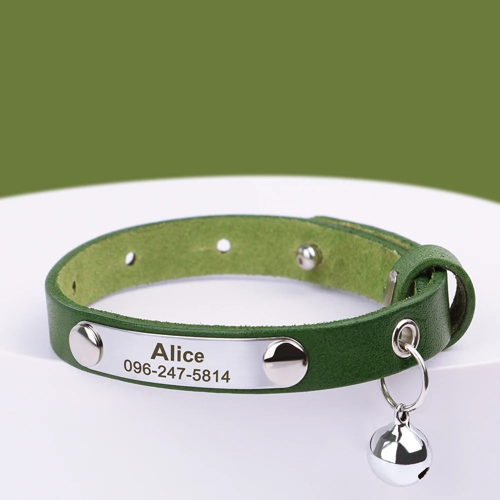 Personalized Cat Collar Leather Kitten Cats Collars Adjustable Pet Necklace With Bell Anti-lost for Cats Free Engraving Custom
