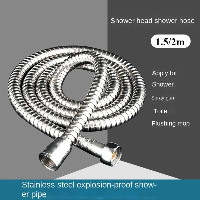 1.5/2M Black/Silver SUS 304 Flexible Shower Hose Long Bathroom Shower Pipe Extension Water Pipe Pull Pipe Bathroom Accessories