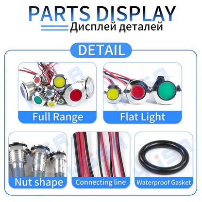 6mm 8mm 10mm 12mm 14mm Metal LED Warning Indicator Light Signal Lamp Pilot Wire 3-6V 12-24V 220V Waterproof IP65 Red Green Blue