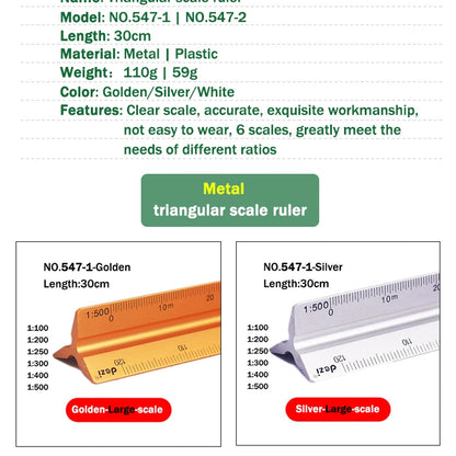 30cm Triangular Scale Ruler 1:20-1:500 Metal Plastic Straight Ruler Metric Architect Engineer Accurate Drafting Measure Tool