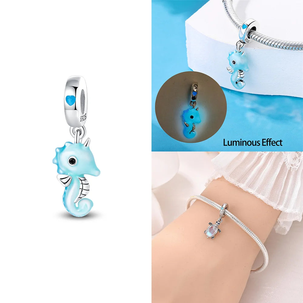 Charms 925 Silver Blue Original Stars Heart Zircon Chameleon Panda Glass Beads Fit Bracelet Jewelry Women Diy Accessories