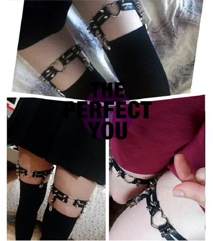 Liguero punk sexy con pinchos, cinturón elástico de roca con remaches, 2 clips, arnés gótico Harajuku para mujer, ligas con tachuelas, medias, liguero