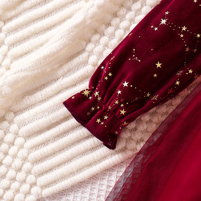 Girl's Autumn Winter Velvet Long-Sleeved Mesh Bow Princess Dress - New Year Children's Party Festive Dress