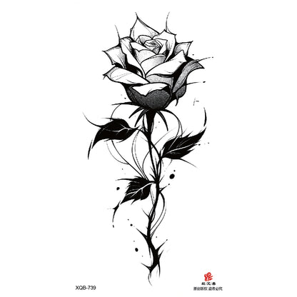 Black Flower Waterproof Temporary Tattoo Sticker, Beauty Butterfly Rose for Women, 3D Flash Body Arm Art Washable Fake Tattoos