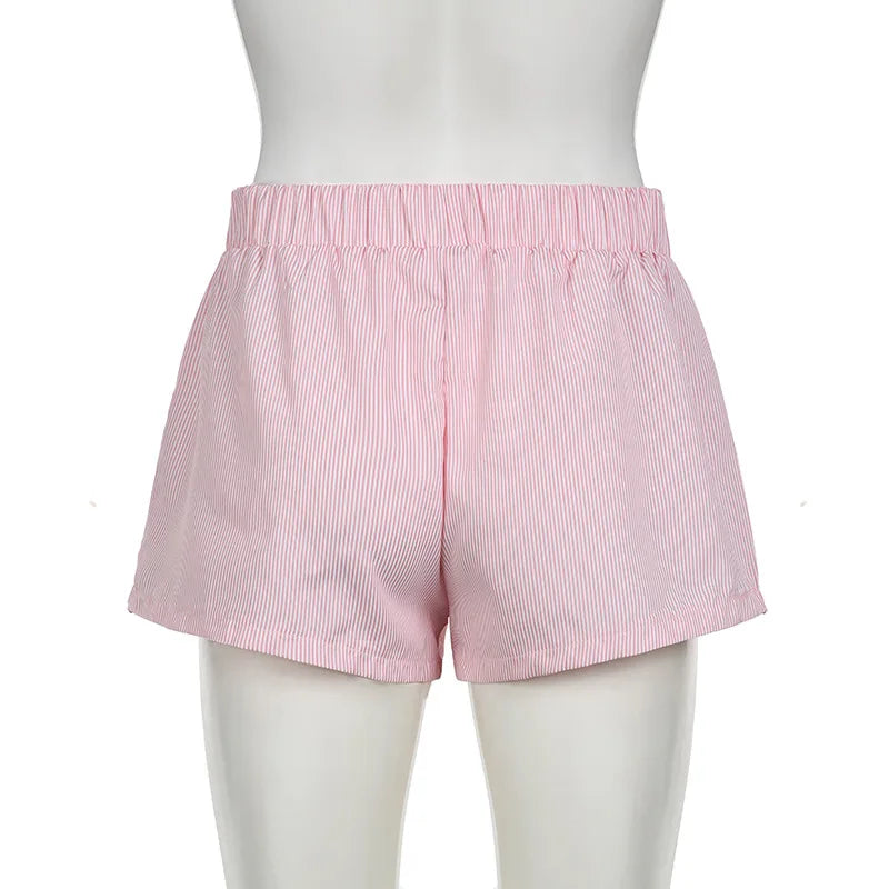 Striped Print Casual Shorts for Women, Elastic Waist Fashion Button Bottoms Streetwear, Chic Basic Y2K Loose Shorts