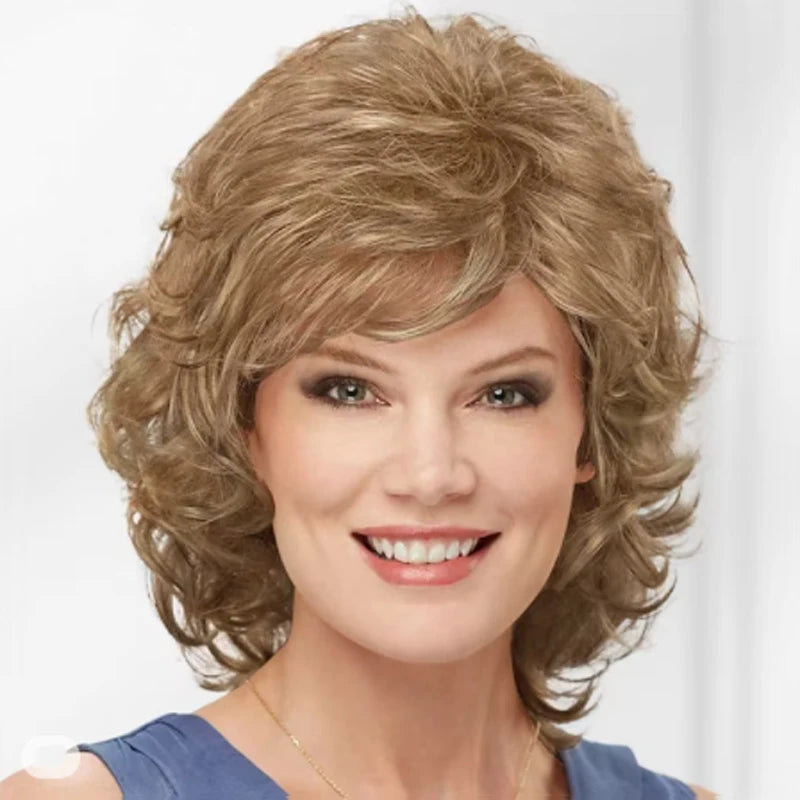 Women Synthetic Hair Wigs, Short Curly with Bangs, Shoulder Length  Blonde Grey White Brown Wig, HAIRJOY