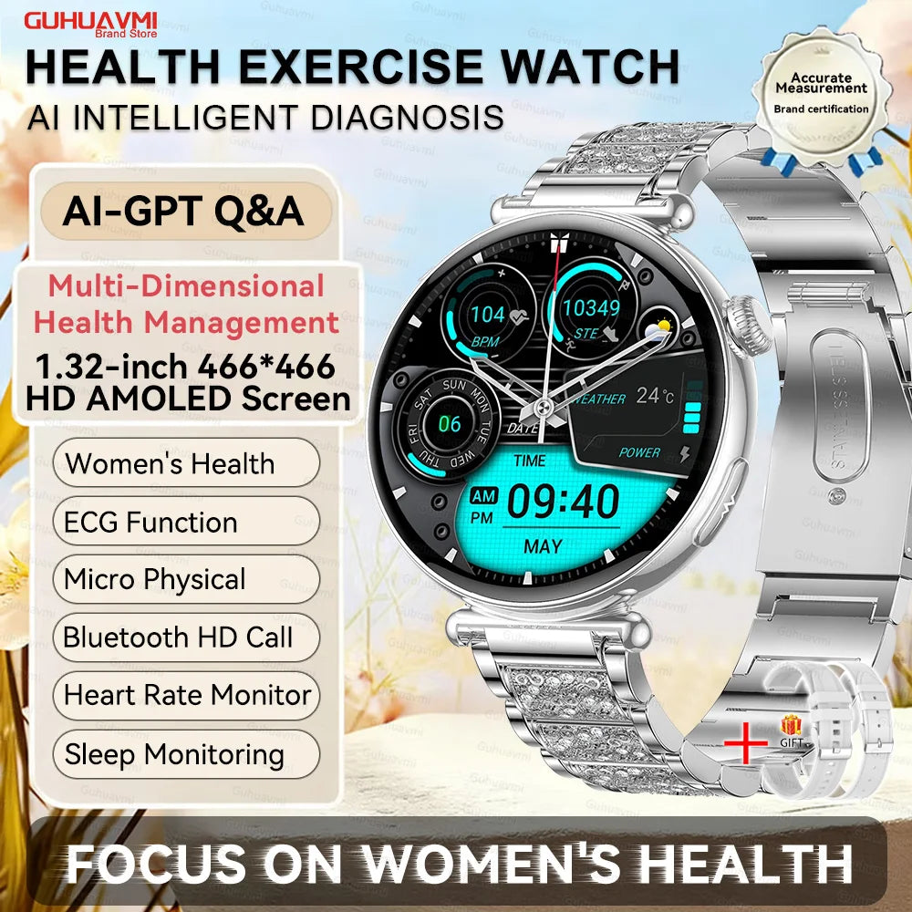 1.32''AMOLED Screen Women Smartwatch Call ECG Sport Watch Blood Pressure Micro Physical Examination DIY Dial Smart Watches Woman