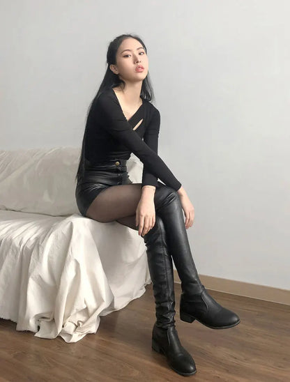 Women's Black Goth Pants Shorts, High Waist Spring Autumn Fashion, Tight Sexy Stretch Y2K Corduroy Female Casual Pants