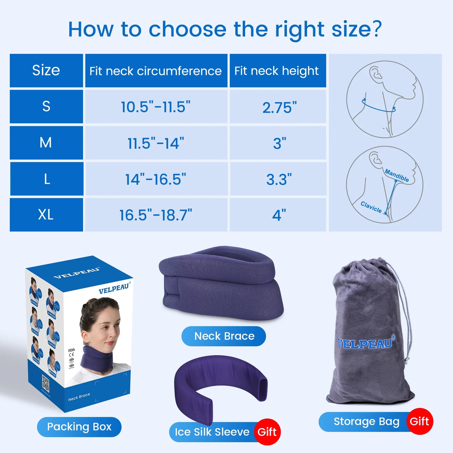 VELPEAU Neck Brace for Pain Relief and Spine Pressure, Adjustable Foam Neck Support Collar for Snoozing and Sleep Apnea