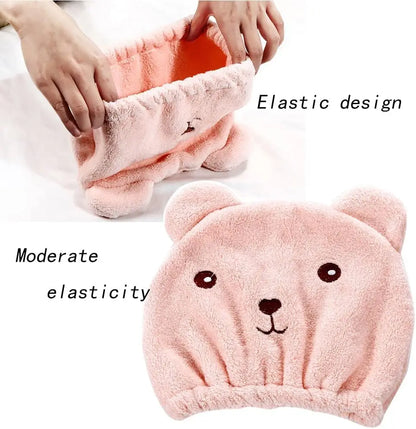 Dry Hair Cap for Women - Soft Absorbent Lightweight, Quick-Drying Thick Microfiber, Cute Bear Embroidery, Shower Head Towel