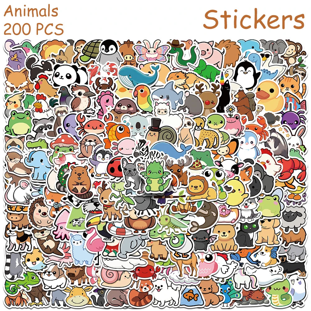 100/200pcs Cartoon Cute Animals Stickers Decals For Laptop Scrapbook Refrigerator Skateboard Helmet DIY Aesthetic Stickers