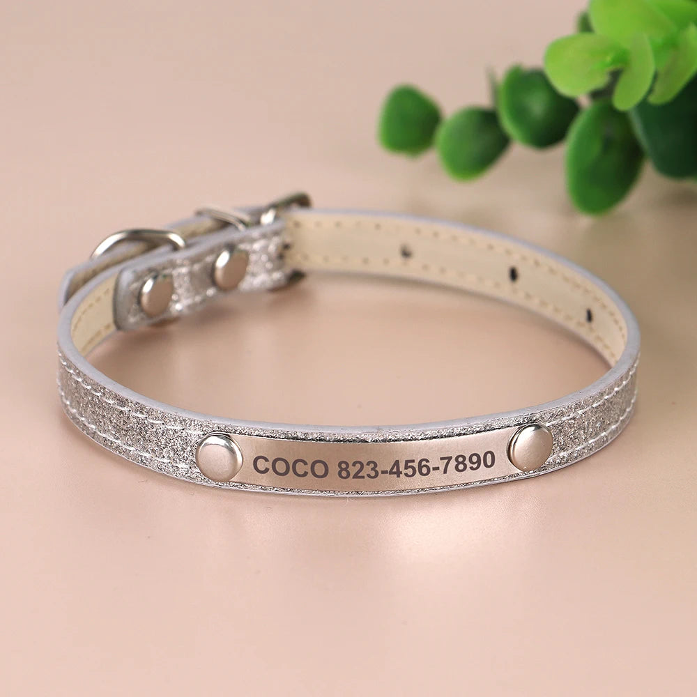 Personalized Cat Collar Bling PU Leather Cat Collars Free Custom Pet Puppy Kitten ID Necklace Adjustable for Cats Small Dogs